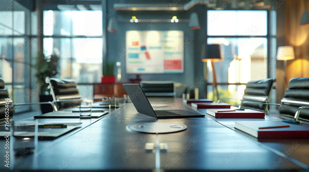 a laptop computer sitting on top of a wooden table in a room with chairs and windows in the background a laptop computer sitting on top of a wooden table in a room with chairs and windows in the background