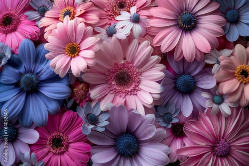 The image features a close view of gerberas in pink  purple  and blue hue  invoking a peaceful yet joyous emotion