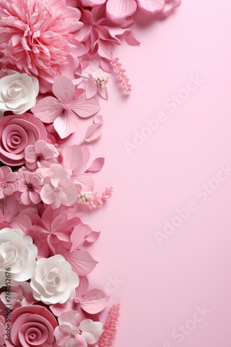 pink background with flowers for wedding invitations Generative AI © Evghenii