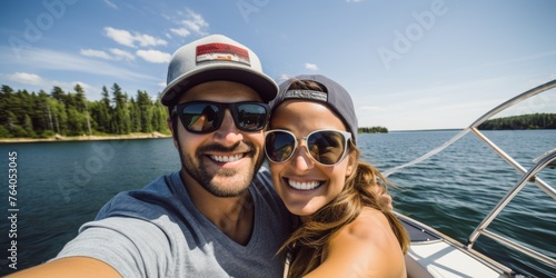couple in love on a boat selfie Generative AI © Evghenii