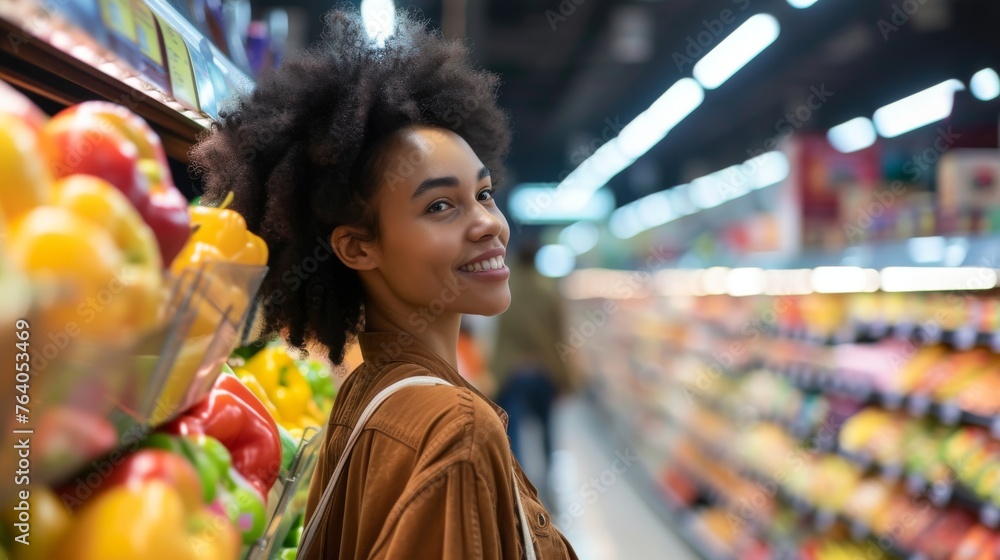 Portrait of young african american woman shopping in grocery store