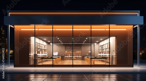 3D front store with blank store signage at night and orange lamp for cloth store