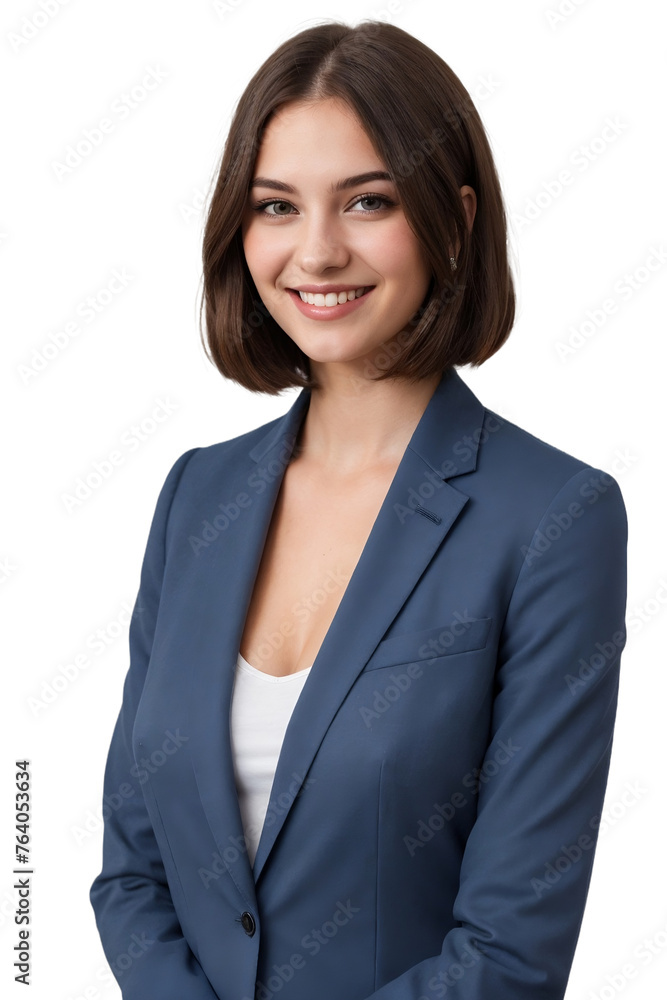 Attractive young woman in a stylish blue business suit with a bob hairstyle, smiling and looking at the camera, isolated, transparent background, no background. PNG. Attractive young woman in a stylish blue business suit with a bob hairstyle, smiling and looking at the camera, isolated, transparent background, no background. PNG.