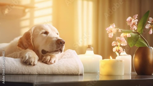 Relaxed canine enjoys spa, pampering and grooming photo