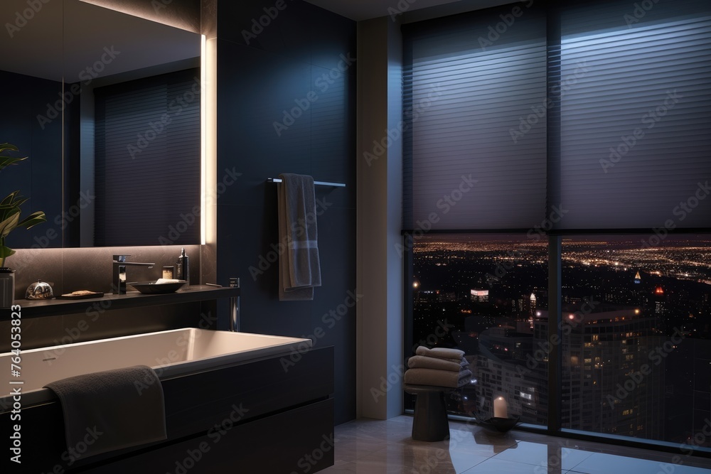 Modern bathroom at night with smart blinds and city view Modern bathroom at night with smart blinds and city view