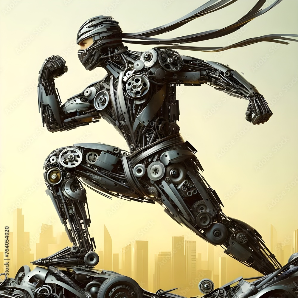 AI GENERATES 3D FUTURISTIC NINJA KATANA HUMANOID SMART ROBOT SCI-FI MADE ENTIRELY OUT OF DISCARDED CAR PART