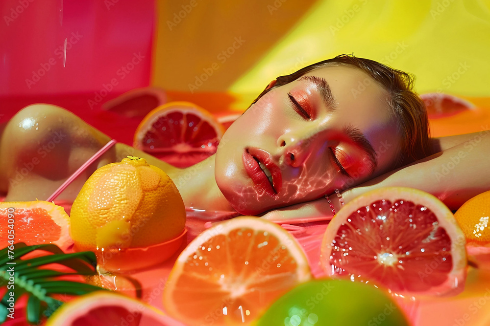 woman face with fresh fruits around her beautiful face, blur effect in the background