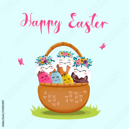 Vector illustration of a set of Easter kulichi with eggs in a basket. On light background for postcards, banners.