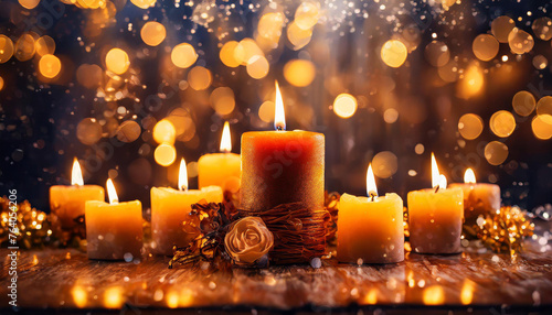 Burning yellow candles on table. Beautiful romantic or holiday interior composition. Bokeh on backdrop.