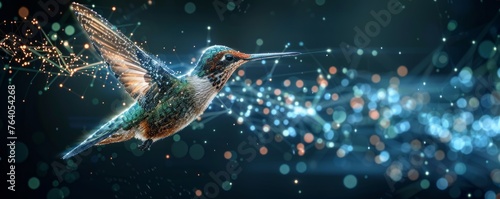 Harmonious data flow concept with Digital humming bird flying on dark-blue background