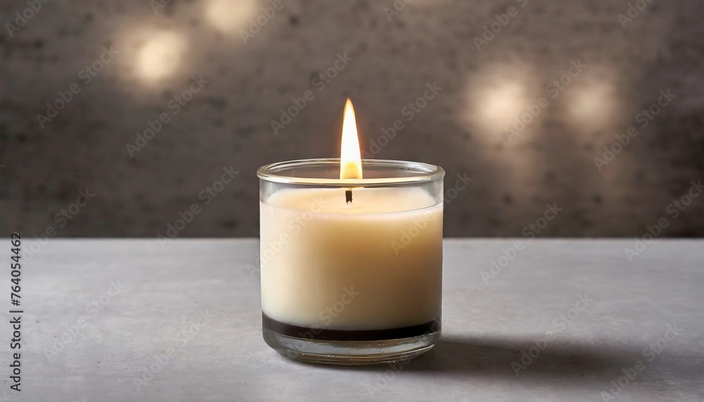 Burning soy candle in glass jar on gray table. Scented wax candle for home interior. Natural handmade production. Burning soy candle in glass jar on gray table. Scented wax candle for home interior. Natural handmade production.