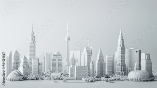 Minimalistic white 3D model of city architecture. Scale model featuring modern skyscrapers and urban design elements. Urban development and architectural visualization concept. Design for urban  photo