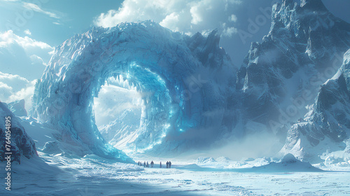 people are standing by the portal leading to an underground cave, in the style of futuristic visions, snow scenes © Robin
