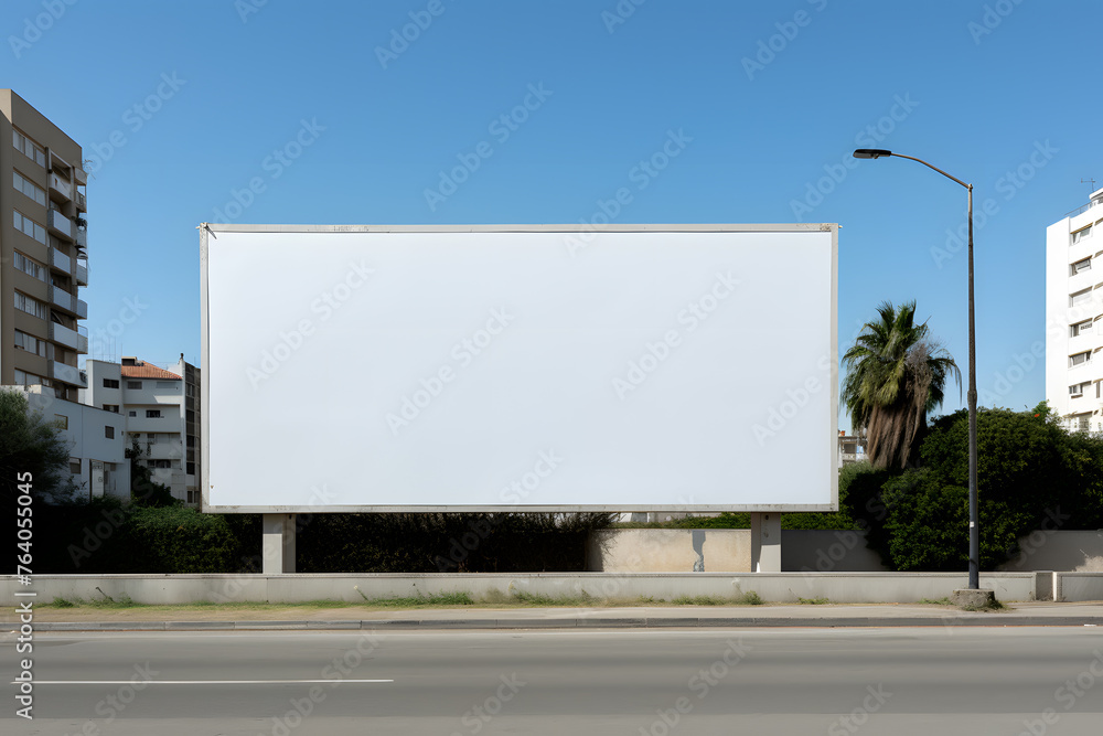 White billboard mockup for advertising. Blank billboard on the side of an urban road with buildings and trees visible behind it. White billboard mockup for advertising. Blank billboard on the side of an urban road with buildings and trees visible behind it.