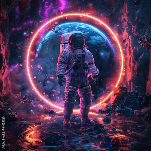 astronaut in a suit going through a neon portal on a different planet in space © Marco