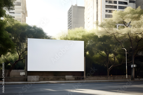 White billboard mockup for advertising. Blank billboard on the side of an urban road with buildings and trees visible behind it. 