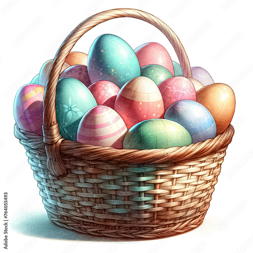 An illustration of pastel colors Easter eggs in a basket, rendered in watercolor style An illustration of pastel colors Easter eggs in a basket, rendered in watercolor style