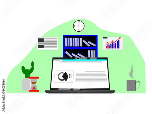Laptop indoors with graphic progress info screen or flat cartoon workplace vector illustration, pc with graphic info display workplace modern design office