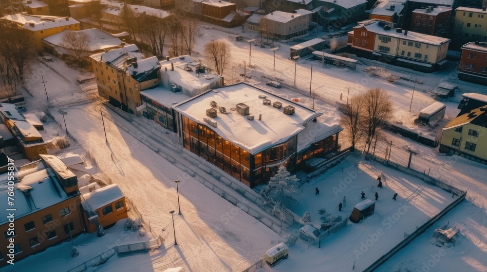 Aerial view of the outdoor huge ice rink in the Oulunkyla neighborhood of Helsinki