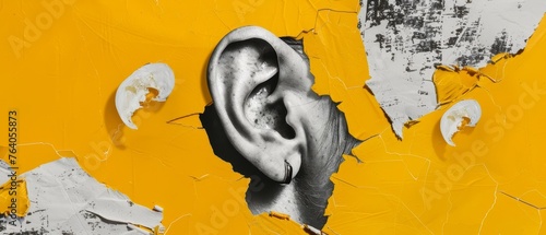 This is rumor has it. Magazine style collage on bright yellow background. Human ear listening in black and white and contoured with contours. Modern design, creative artwork, style, and emotions photo