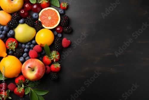 Vibrant fruit display on dark glossy background with space for text, realistic style, top view