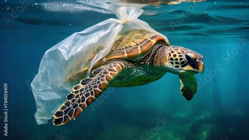 turtle trapped in a plastic bag, highlighting the devastating impact of pollution on marine life. photo