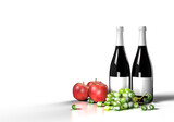 Wine bottle scene with apples, grape and wine glass mockup template 3d render.png files