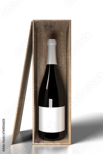 Bottle of wine with band on front of  the wood box, png file.