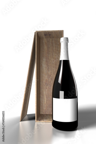 Bottle of wine with band on front of  the wood box, Png file