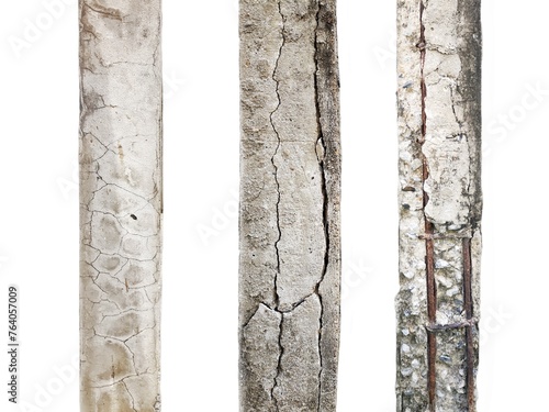 Group of Cracked concrete columns affecting the strength of the building structure isolated on white background.