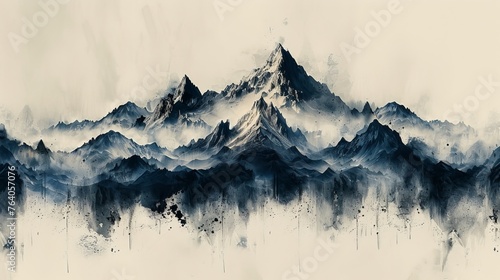 Brush stroke texture with Japanese mountain landscape pattern in vintage style. Abstract art landscape banner design with watercolor texture. © Mark