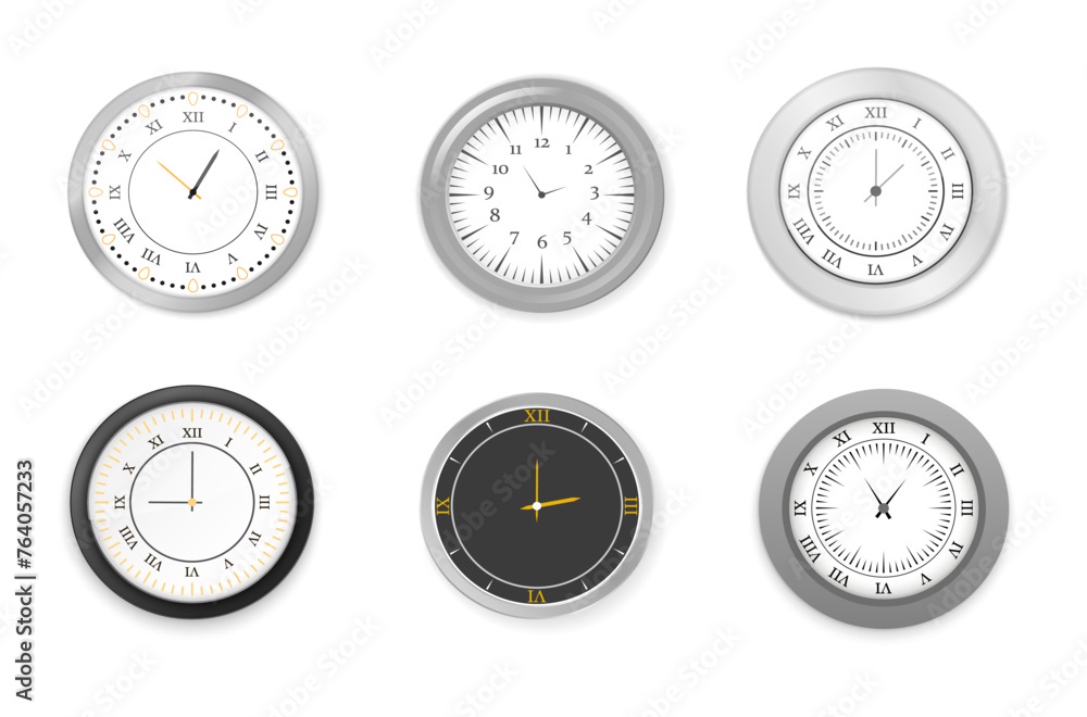 White and black office wall clock icon set. Closeup design template in ...