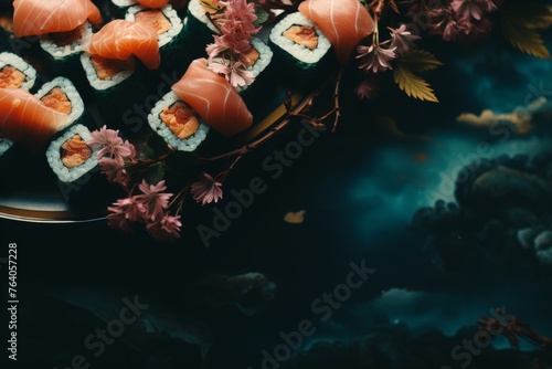 Japanese food background on dark matte surface, top view with space for text, realistic raw style