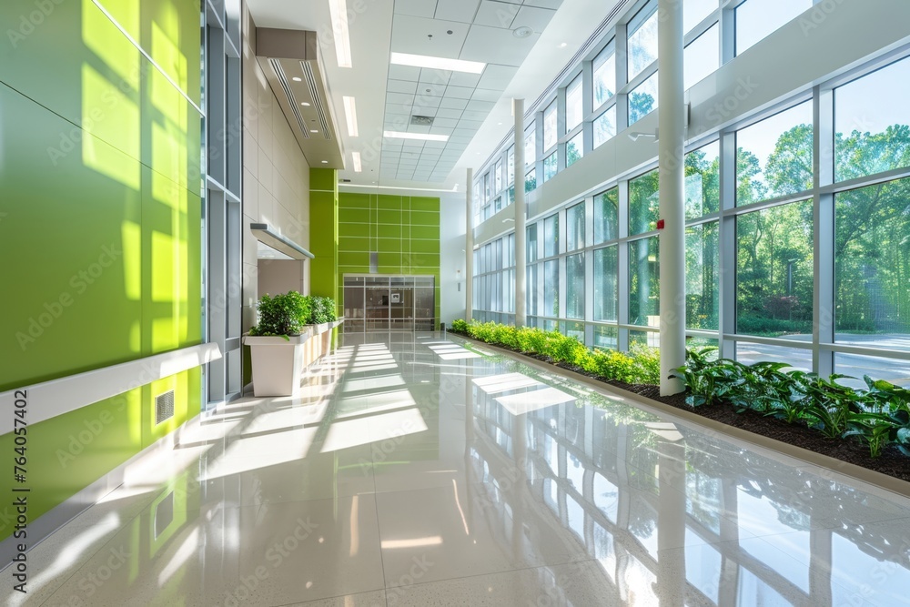 Spacious empty lobby with green walls and glass partition in modern hospital. Spacious empty lobby with green walls and glass partition in modern hospital.