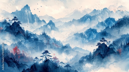 The backdrop template features an abstract landscape background with a Japanese wave pattern. In addition, there is a mountain forest banner with watercolor texture. photo