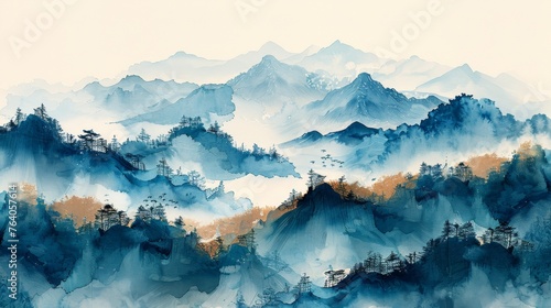 The background features a hand-drawn Japanese wave modern. The terrain template contains a basic blue color scheme with geometric pattern. The banner design has a vintage style with blue watercolor
