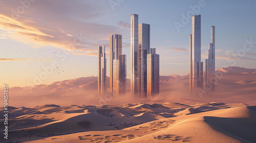 Illustration of a city that has skyscrapers but has been abandoned and damaged. No longer inhabited.
