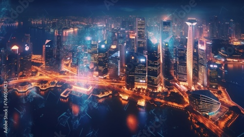 Abstract technology icons, night aerial panoramic cityscape of Singapore, Asia. The concept of innovative approach to optimize international business process. photo