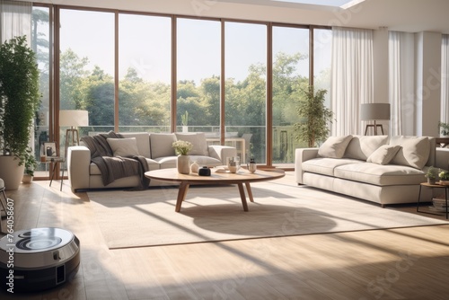 Modern living room with large windows and natural light