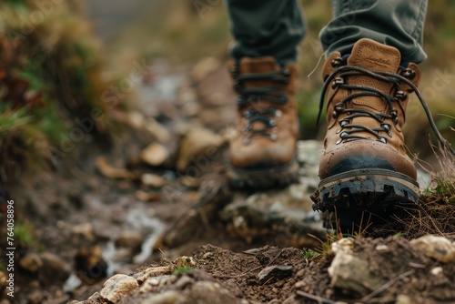 Close-Up of Durable Hiking Boots on a Wild Trail