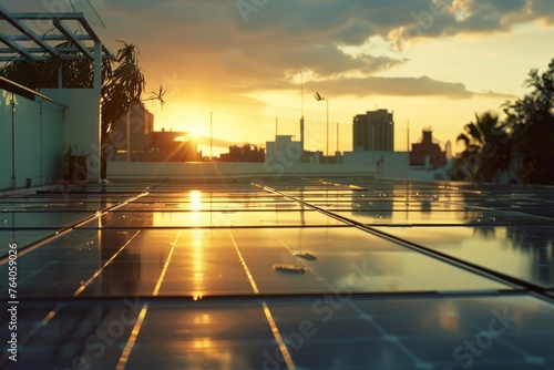 Green Energy Innovation: Solar Panels on Urban Rooftop at Golden Hour © Ilia Nesolenyi