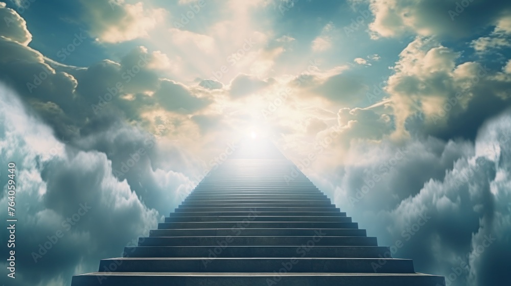 stairs to the sky, light beam effect and cloudy background AI generated - obrazy, fototapety, plakaty 