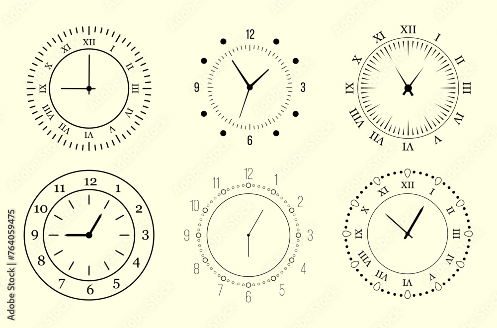 White and black office wall clock icon set. Closeup design template in ...
