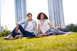 Full size photo of two peaceful cheerful partners sit blanket green grass lawn city center buildings sunny weather outdoors