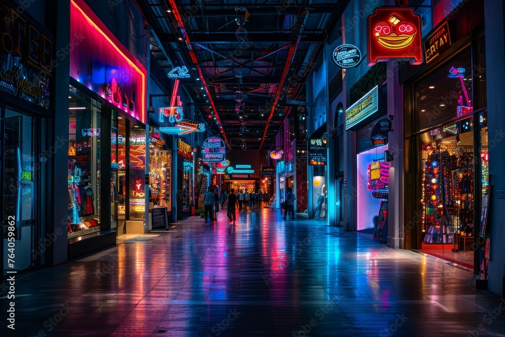 Eclectic Shopping Avenue, Neon Glow and Diverse Offerings