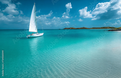 a sailboat is sailing in the blue water of a lagoon with a mountain in the background and clouds in the sky