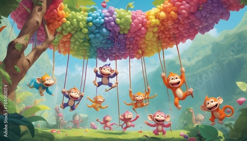 A troop of giggling, fuzzy monkeys swinging from rainbow vines in a candy-coated jungle. photo