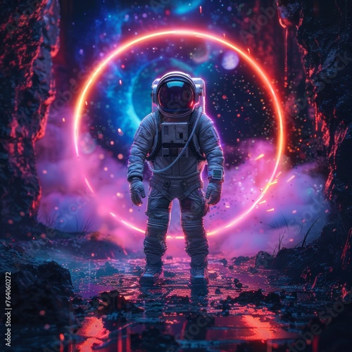astronaut in a suit observing a neon portal in space in high resolution and high quality. CONCEPT astronaut,portal,neon,space
