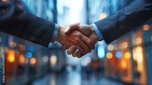 An image of business people shaking hands in front of building