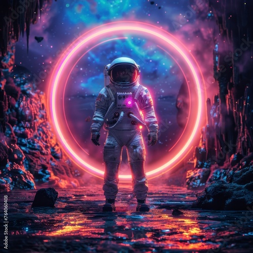 astronaut in a suit observing a neon portal in space in high resolution and high quality
